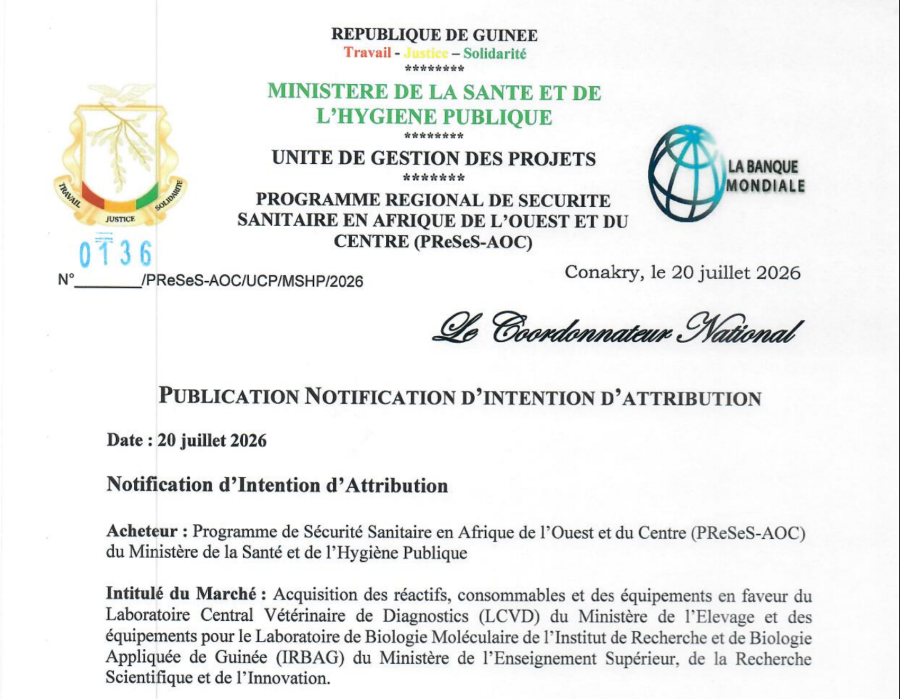 PUBLICATION NOTIFICATION D’INTENTION D’ATTRIBUTION: Acquisition des réactifs, consommables et des équipements en faveur du Laboratoire Central Vétérinaire de Diagnostics (LCVD)...