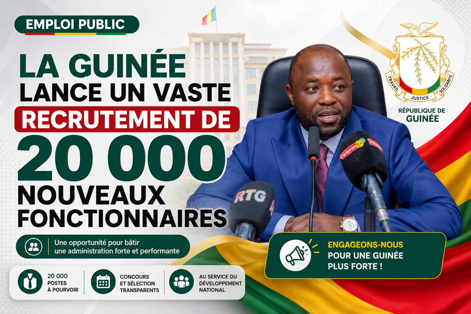 La Guinée lance un vaste recrutement de 20 000 nouveaux fonctionnaires