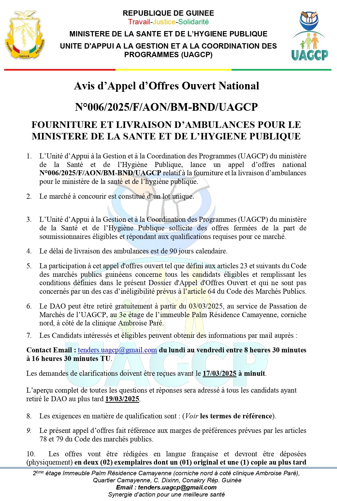 FOURNITURE ET LIVRAISON D’AMBULANCES POUR LE MINISTERE DE LA SANTE ET DE L’HYGIENE PUBLIQUE | Page 1