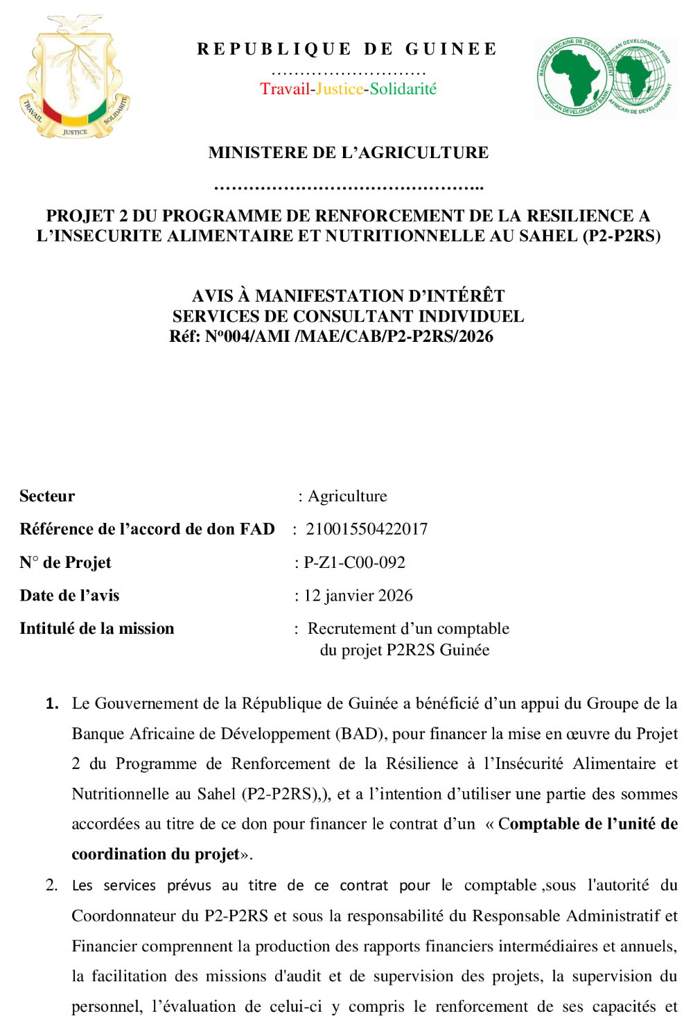 AVIS À MANIFESTATION D’INTÉRÊT pour le Recrutement d’un comptable du projet P2R2S Guinée | page 1