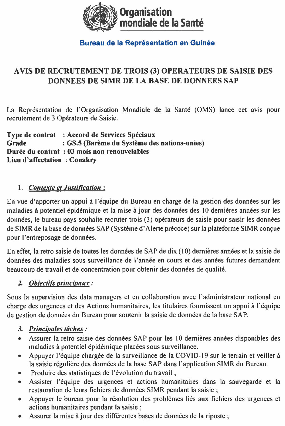 AVIS DE RECRUTEMENT DE TROIS (3) OPERATEURS DE SAISIE DES DONNEES DE SIMR DE LA BASE DE DONNEES SAP  PAGE 1