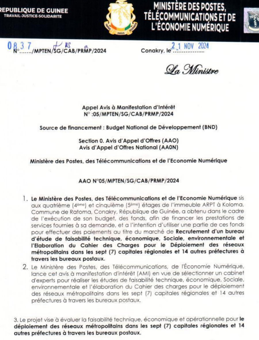 Avis d'appel d'offres pour le marché de Recrutement d’un bureau d’étude de faisabilité technique, économique, Sociale, environnementale et l’Elaboration du Cahier des Charges pour le Déploiement des réseaux métropolitains dans les sept (7) capitales régionales et 14 autres préfectures à travers les bureaux postaux | Page 1