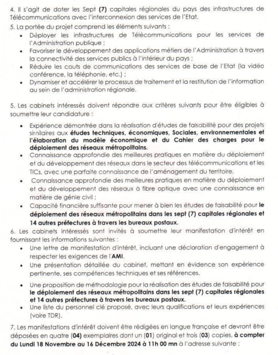 Avis d'appel d'offres pour le marché de Recrutement d’un bureau d’étude de faisabilité technique, économique, Sociale, environnementale et l’Elaboration du Cahier des Charges pour le Déploiement des réseaux métropolitains dans les sept (7) capitales régionales et 14 autres préfectures à travers les bureaux postaux | Page 2