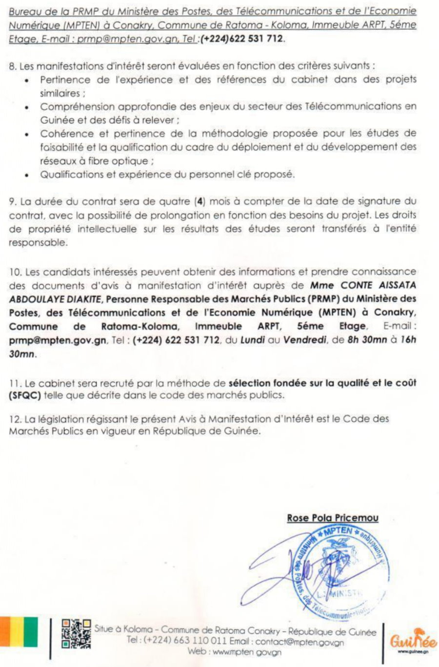 Avis d'appel d'offres pour le marché de Recrutement d’un bureau d’étude de faisabilité technique, économique, Sociale, environnementale et l’Elaboration du Cahier des Charges pour le Déploiement des réseaux métropolitains dans les sept (7) capitales régionales et 14 autres préfectures à travers les bureaux postaux | Page 3