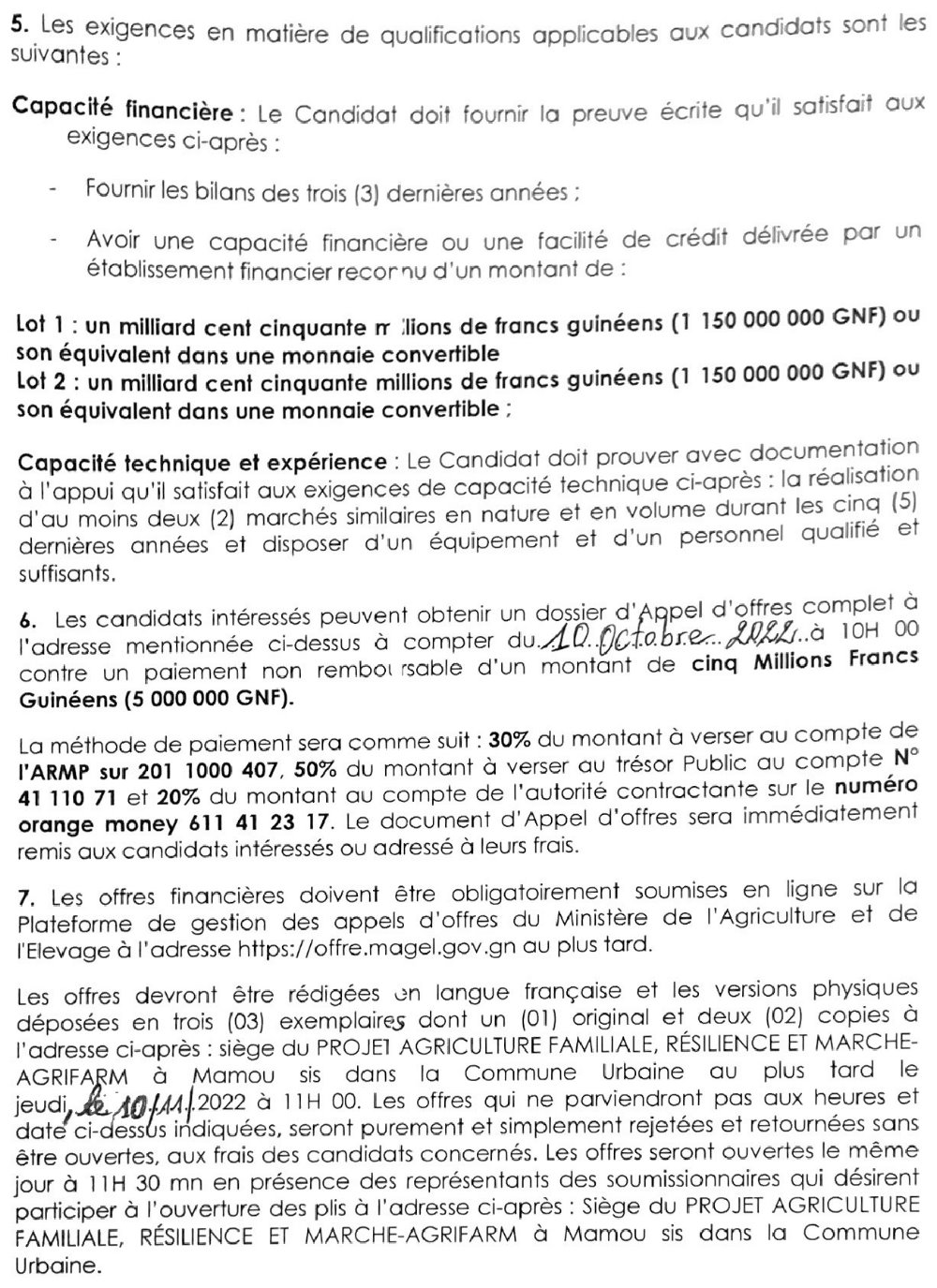 Avis d'appel d'offres pour le Marché relatif aux Travaux de construction de deux (2) marchés de collecte pour le compte du Projet AgriFARM dans les préfectures de Mali et Kérouané | page1