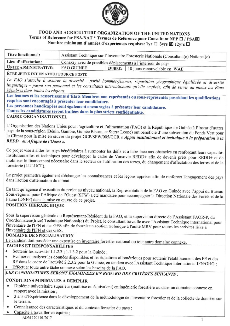 Avis de recrutement d'un Assistant Technique sur l’Inventaire Foresterie Nationale (Consultant(e) National(e) | Page 1