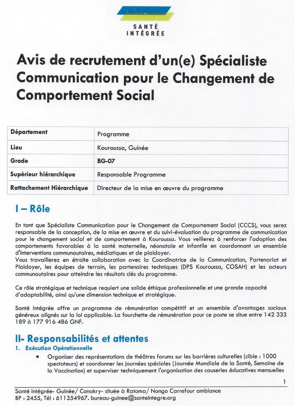 Avis de recrutement d'un(e) Spécialiste Communication pour le Changement de Comportement | Page 1