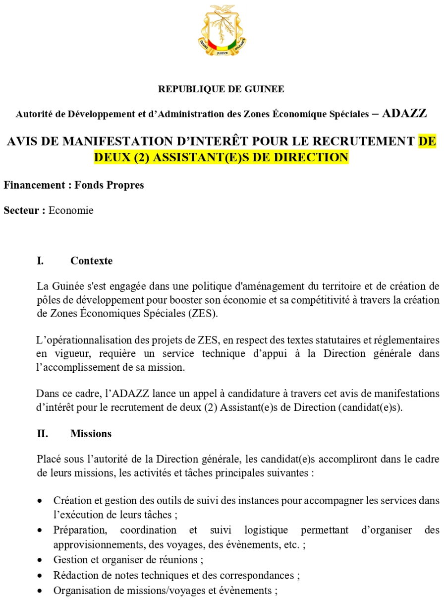 Recrutement De Deux (2) Assistant(e)s De Direction | Page 1