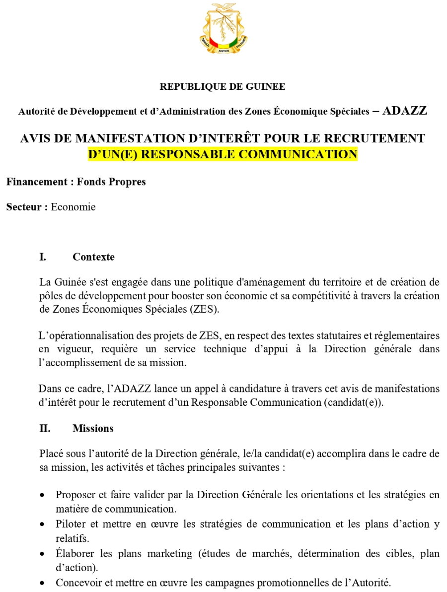 Avis De Manifestation D’intérêt Pour Le Recrutement D’un(E) Responsable Communication | Page 1