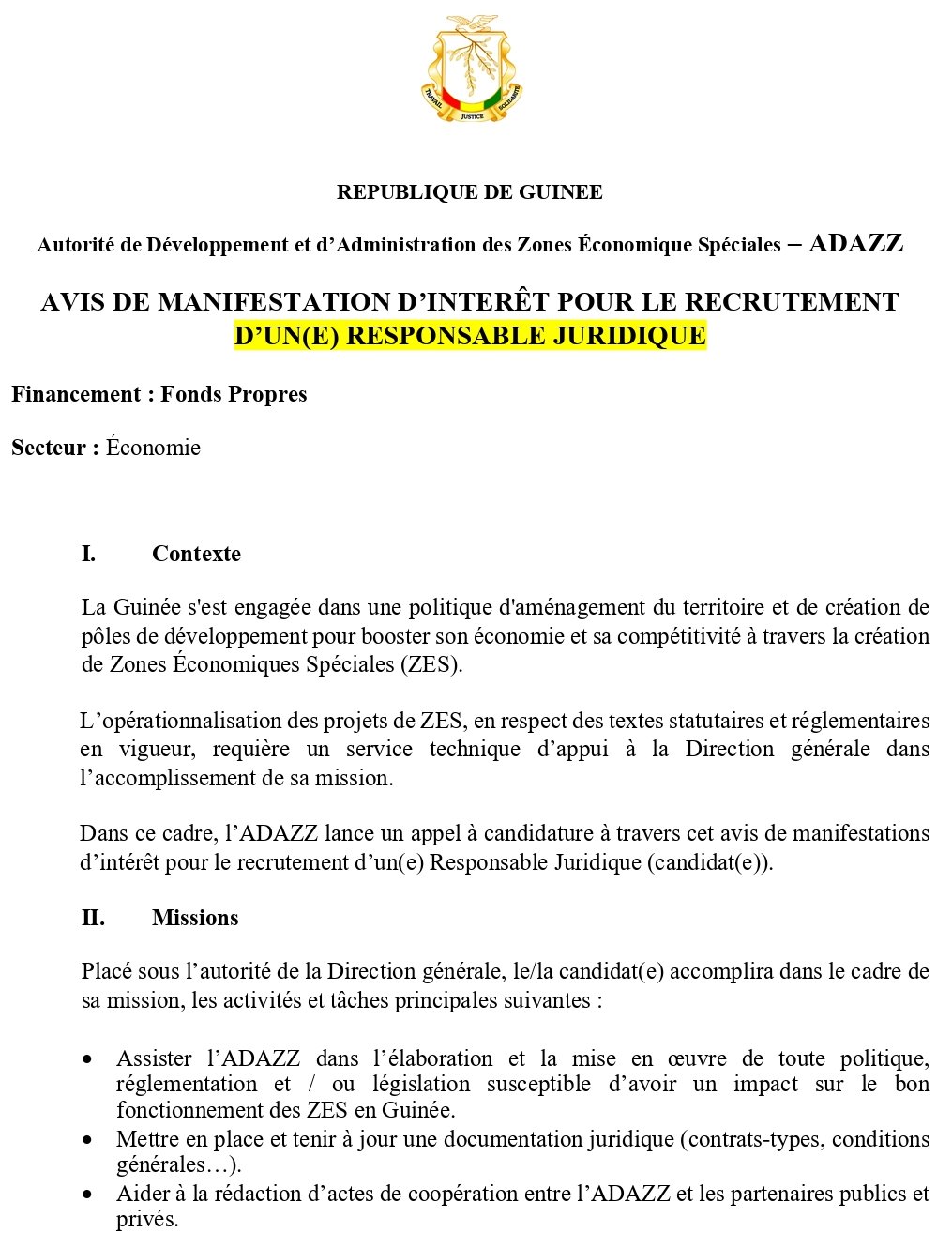 Avis De Manifestation D’intérêt Pour Le Recrutement D’un(E) Responsable Juridique | Page 1