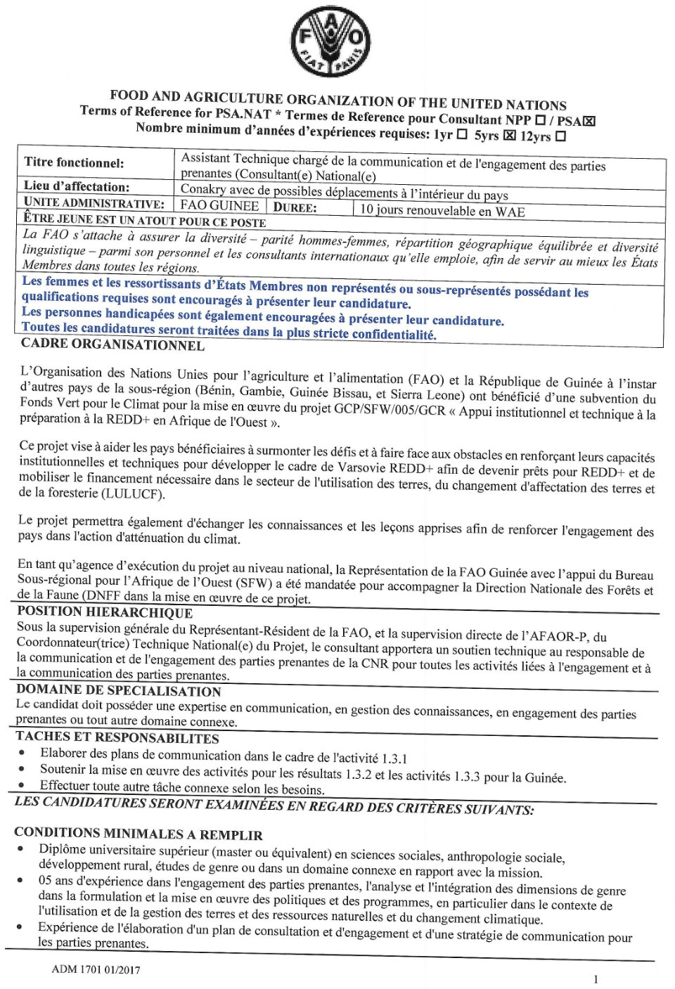  Avis de recrutement d'un Assistant Technique chargé de la communication et de l'engagement des parties prenantes (Consultant(e) National(e) | Page 1