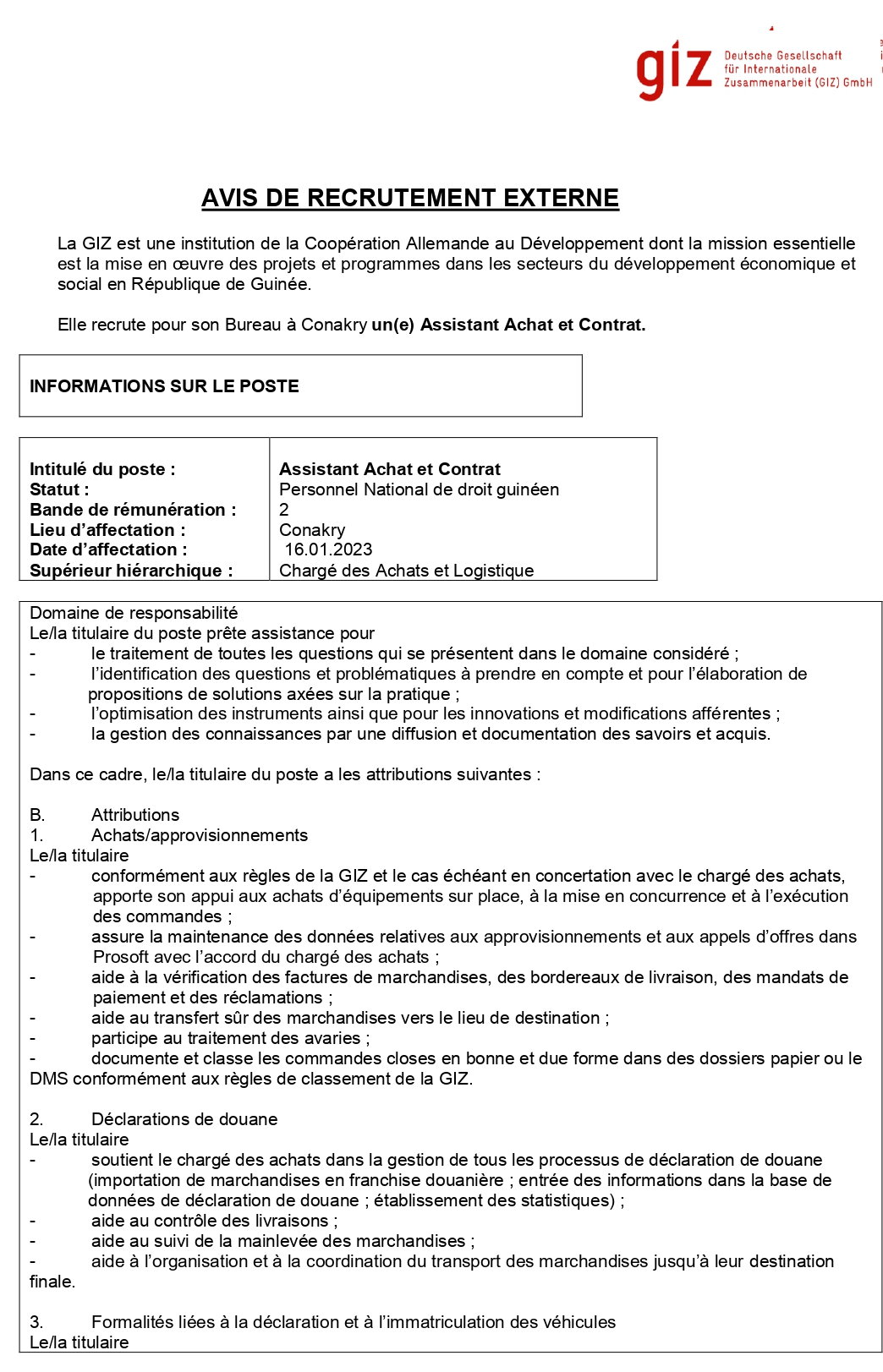 Avis de recrutement d'un Assistant Achat et Contrat | Page 1