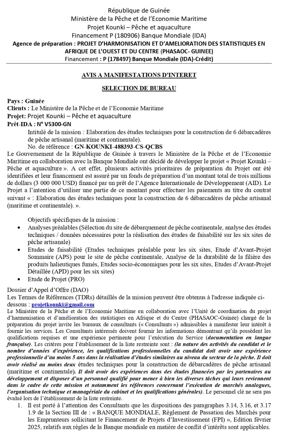 Intitulé de la mission : Elaboration des études techniques pour la construction de 6 débarcadères de pêche artisanal (maritime et continentale) | Page 1