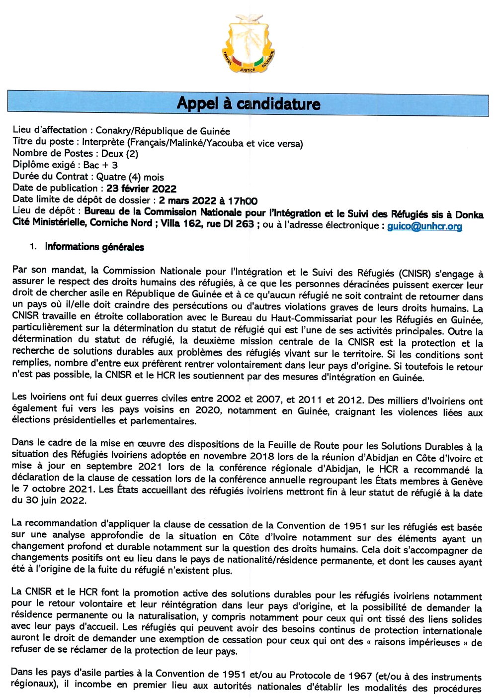 Avis de recrutement d'un Interprète (Français/Malinké/Yacouba et vice versa) page 1