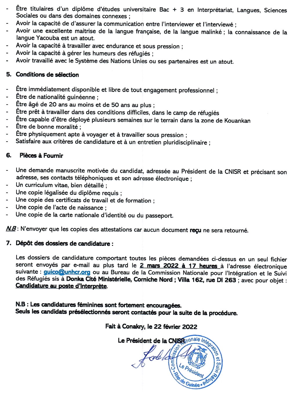 Avis de recrutement d'un Interprète (Français/Malinké/Yacouba et vice versa) page 3