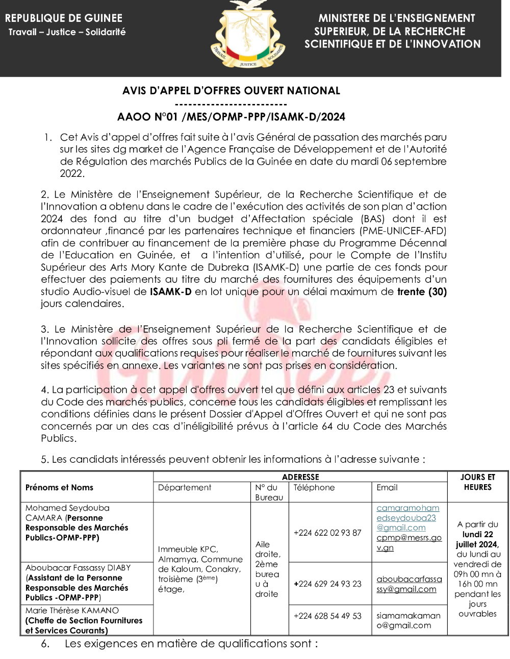 Avis d'appel d'offres pour le marché des fournitures des équipements d’un studio Audio-visuel de ISAMK-D en lot unique pour un délai maximum de trente (30) jours calendaire | Page 1