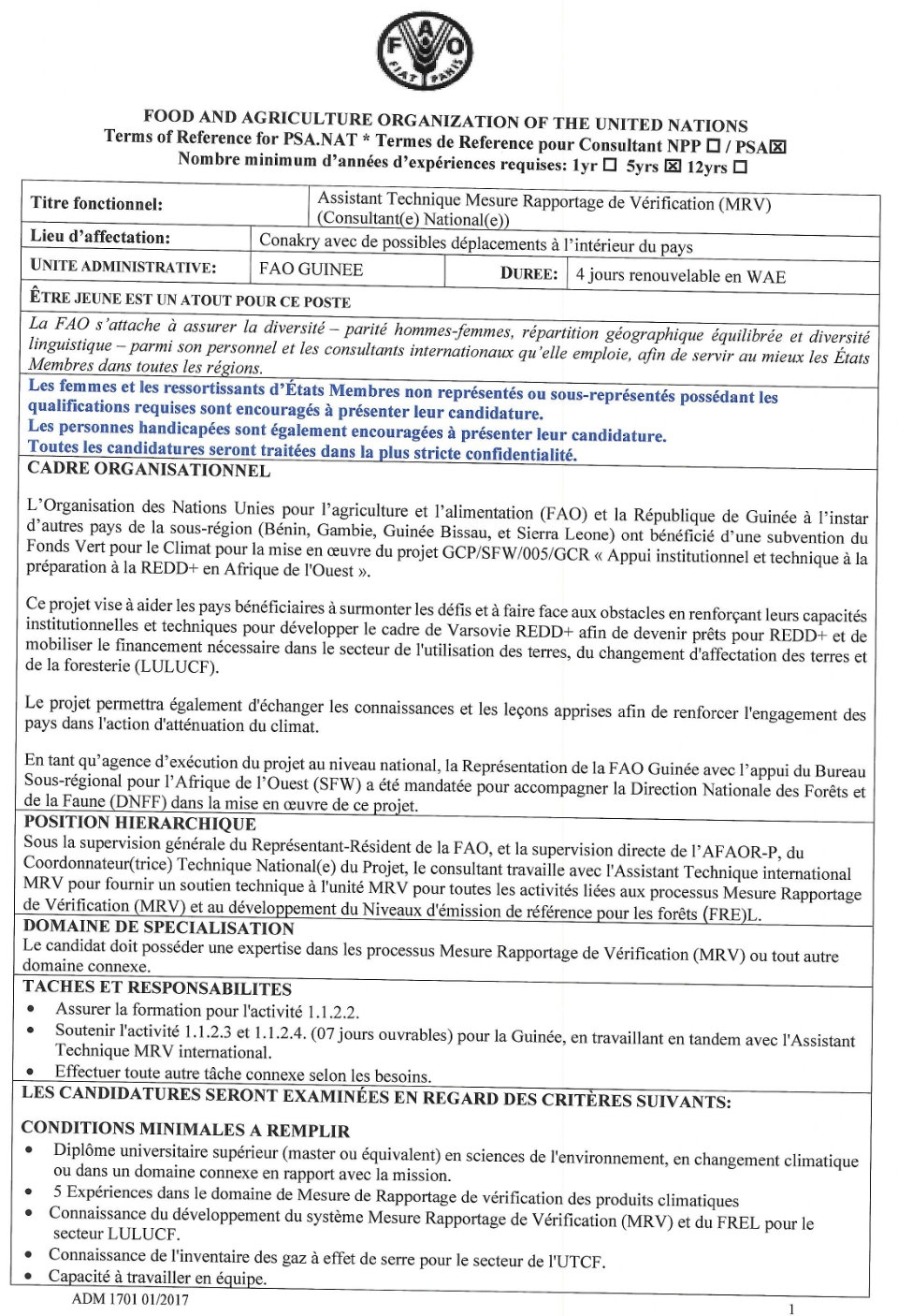 Avis de recrutement d'un Assistant Technique Mesure Rapportage de Vérification (MRV) (Consultant(e) National(e) | Page 1