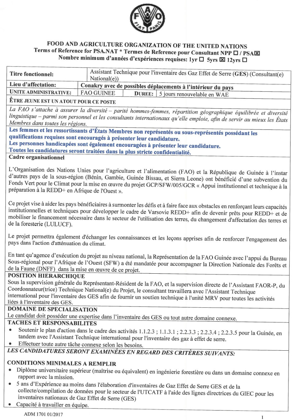 Recrutement d'un Assistant Technique pour l'inventaire des Gaz Effet de Serre (GES) (Consultant(e) National(e) | Page 1
