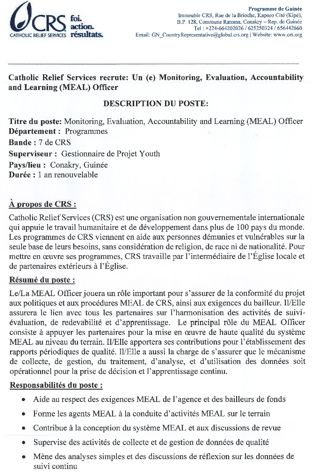 Publication d’un avis pour le recrutement d’un Monitoring, Evaluation, Accountability at Learning(MEAL) Officer page1