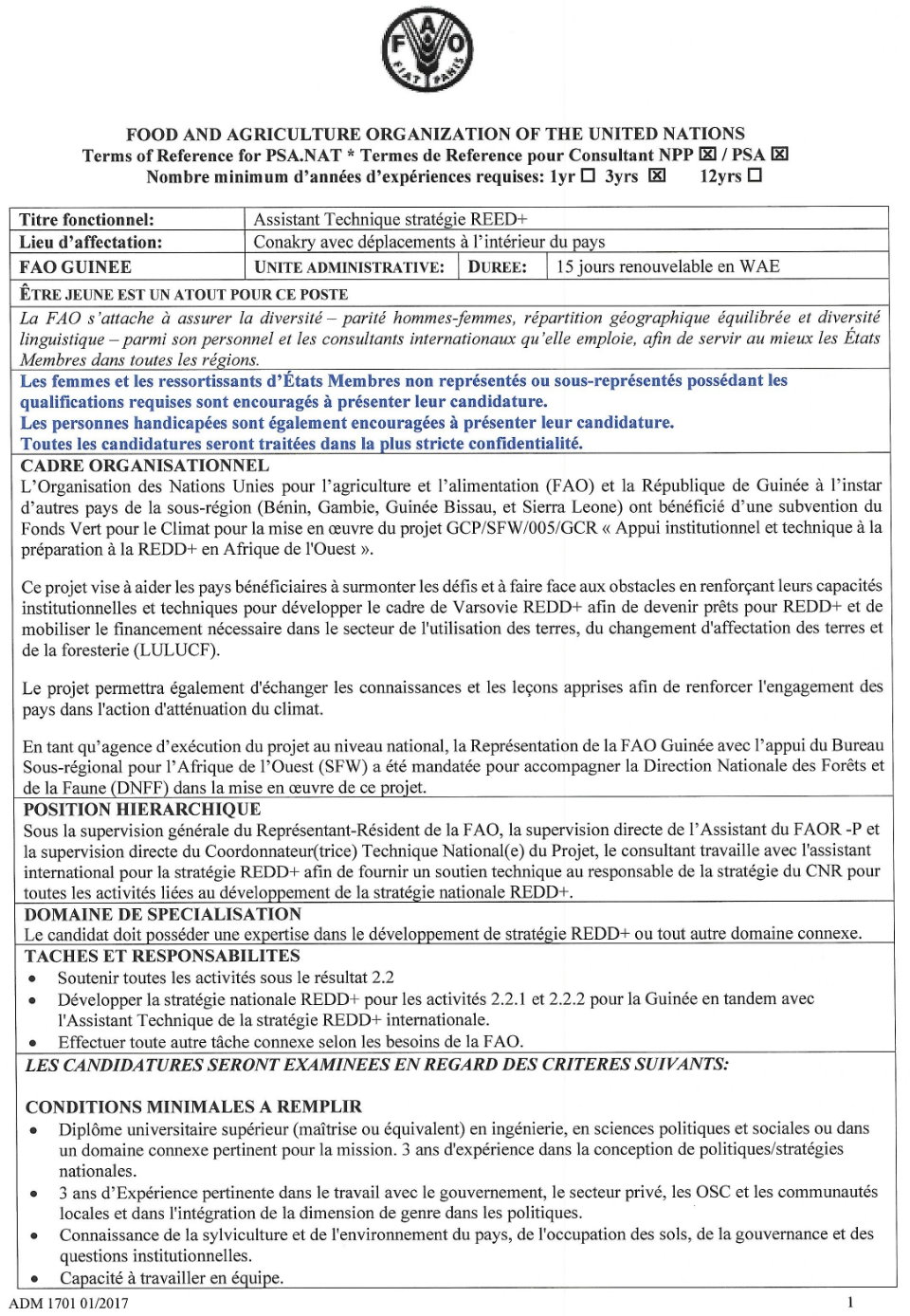 Avis de recrutement d'un Assistant Technique stratégie REED+ | Page 1