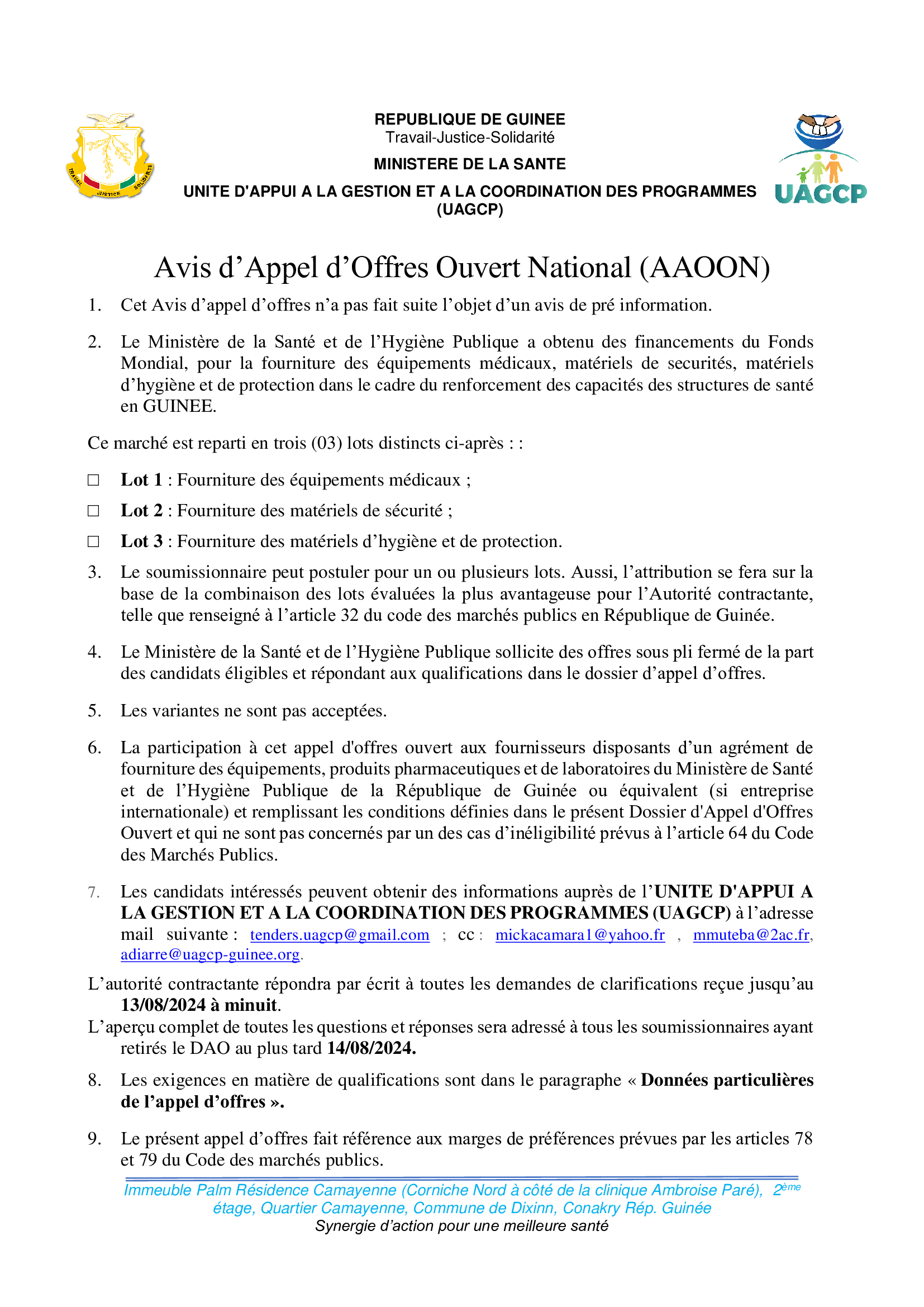 Avis d'appel d'offres ouvert national pour la fourniture des équipements médicaux, matériels de securités, matériels d’hygiène et de protection dans le cadre du renforcement des capacités des structures de santé en GUINEE | Page 1