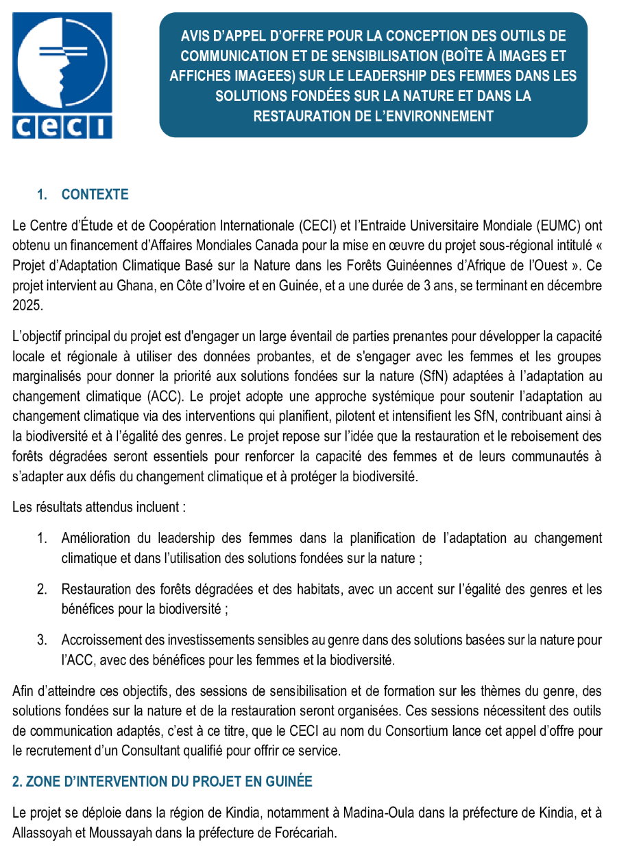 Avis D’appel D’offre Pour La Conception Des Outils De Communication Et De Sensibilisation (Boîte À Images Et Affiches Imagées) Sur Le Leadership Des Femmes Dans Les Solutions Fondées Sur La Nature Et Dans La Restauration De L’environnement | Page 1