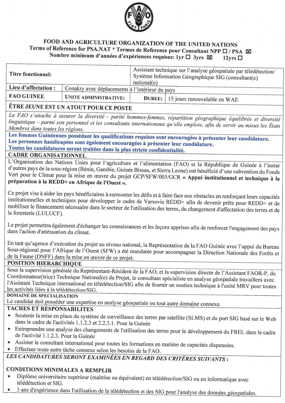 Recrutement d'un Assistant technique sur l’analyse géospatiale par télédétection/ Système Information Géographique SIG | Page 1