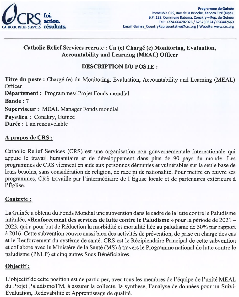 Avis de recrutement d’un(e) chargé(e) Monitoring, Evaluation Accountability and Learning(MEAL) Officer p1