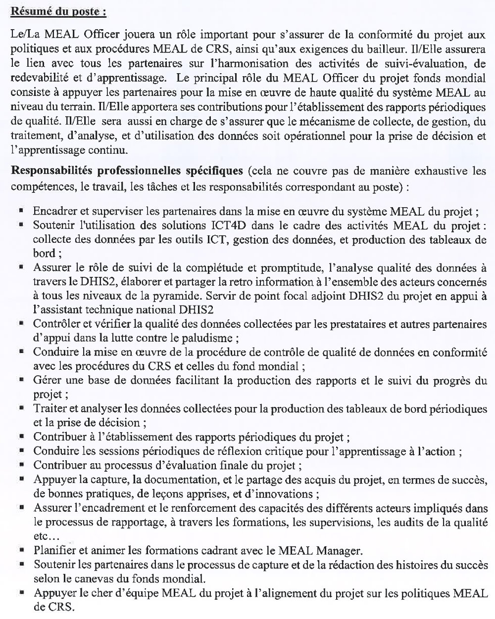 Avis de recrutement d’un(e) chargé(e) Monitoring, Evaluation Accountability and Learning(MEAL) Officer p2