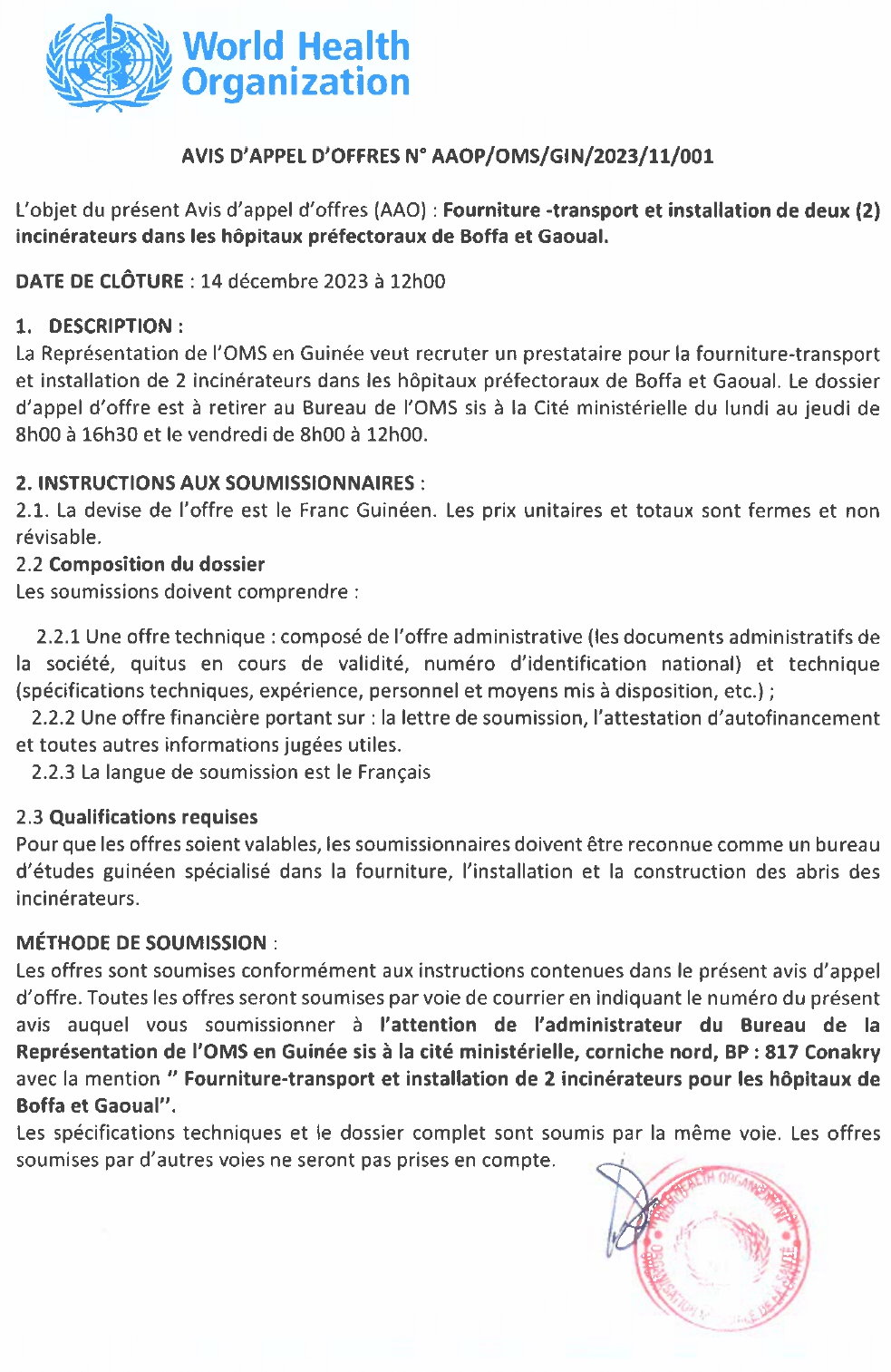 Avis d'Appel d'Offres pour la Fourniture -transport et installation de deux (2) incinérateurs dans les hôpitaux préfectoraux de Boffa et Gaoual