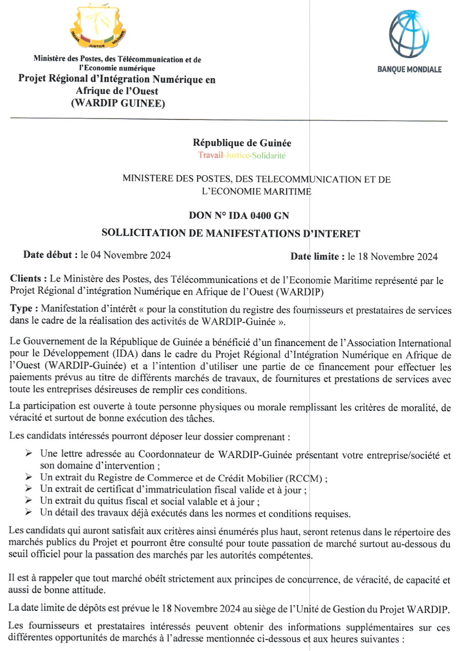 Constitution du registre des fournisseurs et prestataires de services dans le cadre de la réalisation des activités de WARDIP-Guinée | Page 1