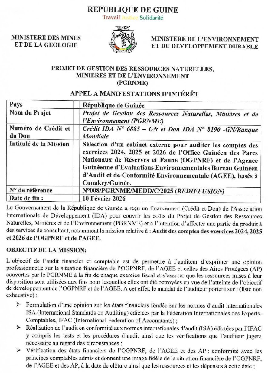 Sélection d’un cabinet externe pour auditer les comptes desexercices 2024, 2025 et 2026 de l’Office Guinéen des ParcsNationaux de Réserves et Faune (OGPNRF)  | Page 1