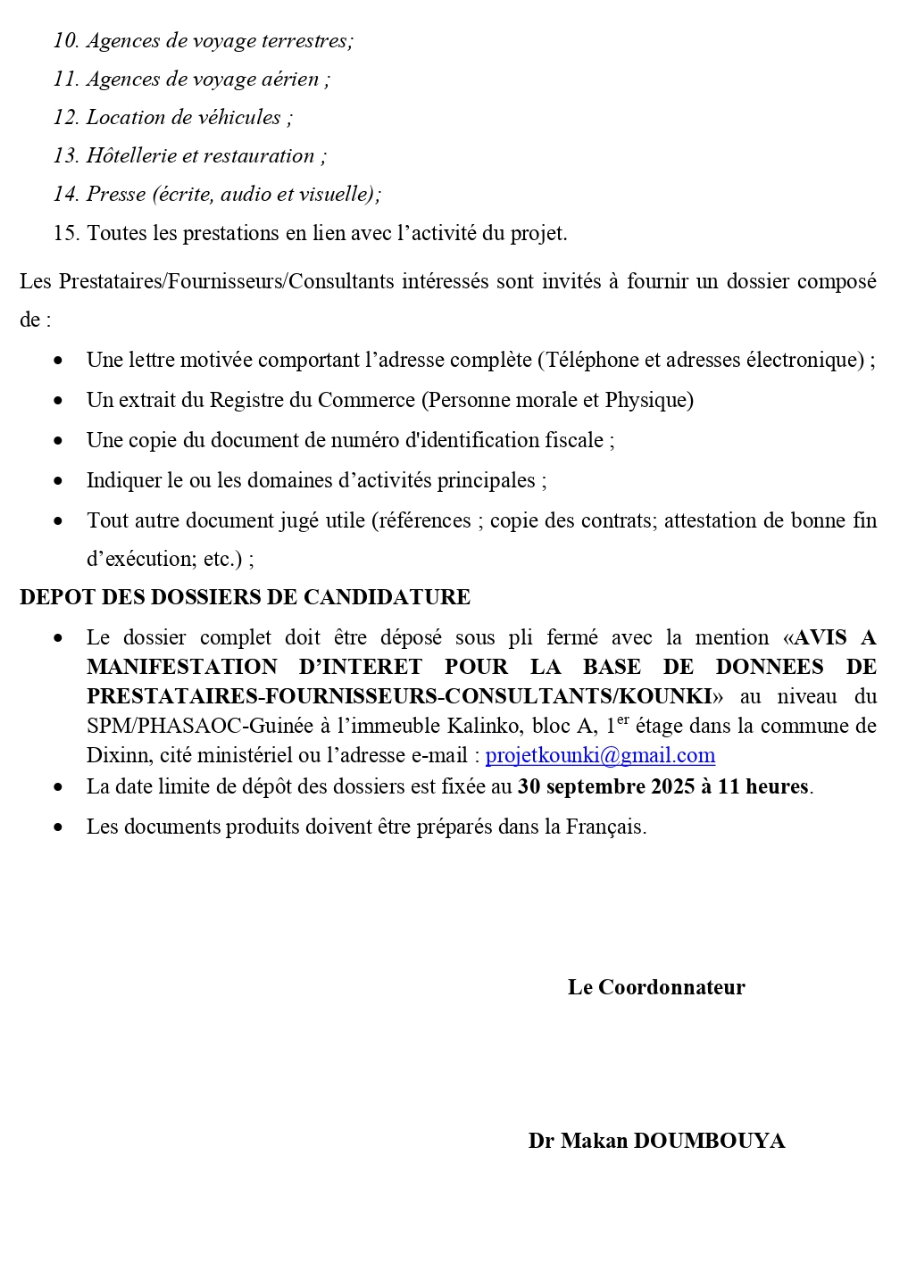 AVIS A MANIFESTATIONS D’INTERET Constitution de la base de données des fournisseurs, prestataires, consultants et autres ques services de consultant | Page 2