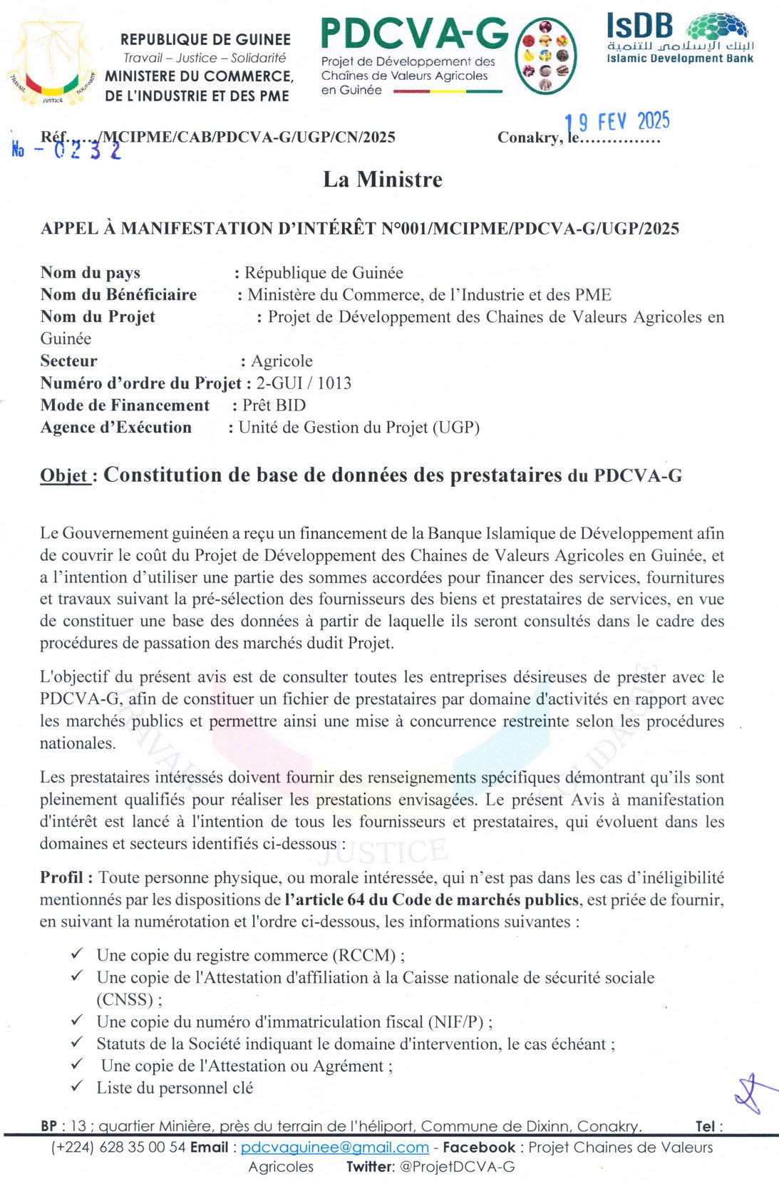Avis à manifestation d'intérêt pour la Constitution de base de données des prestataires du PDCVA-G | Page 1