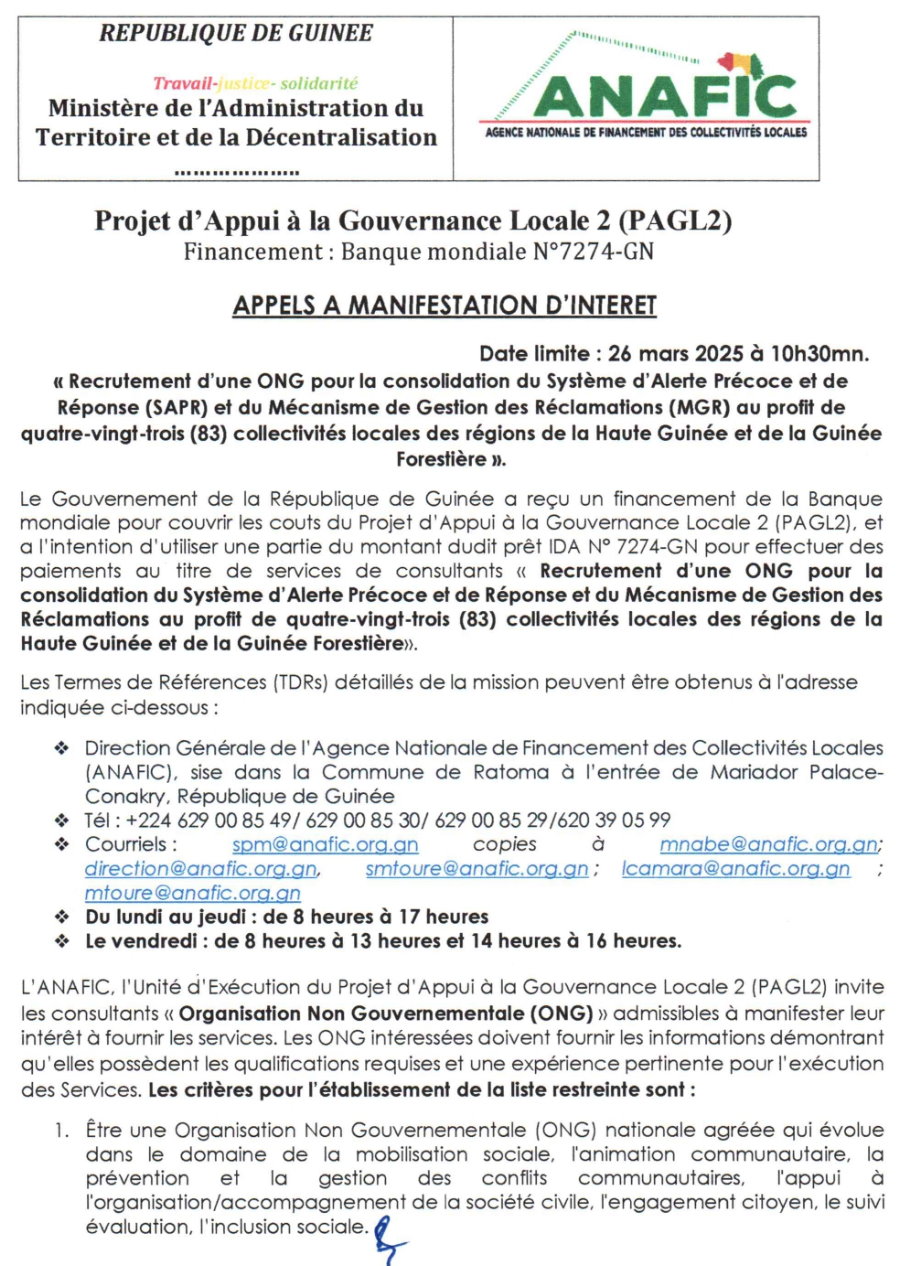 Recrutement d’une ONG pour la consolidation du Système d’Alerte Précoce et de Réponse (SAPR) et du Mécanisme de Gestion des Réclamations (MGR) au profit de quatre- vingt-trois (83) collectivités locales des régions de la Haute Guinée et de la Guinée Forestière | Page 1