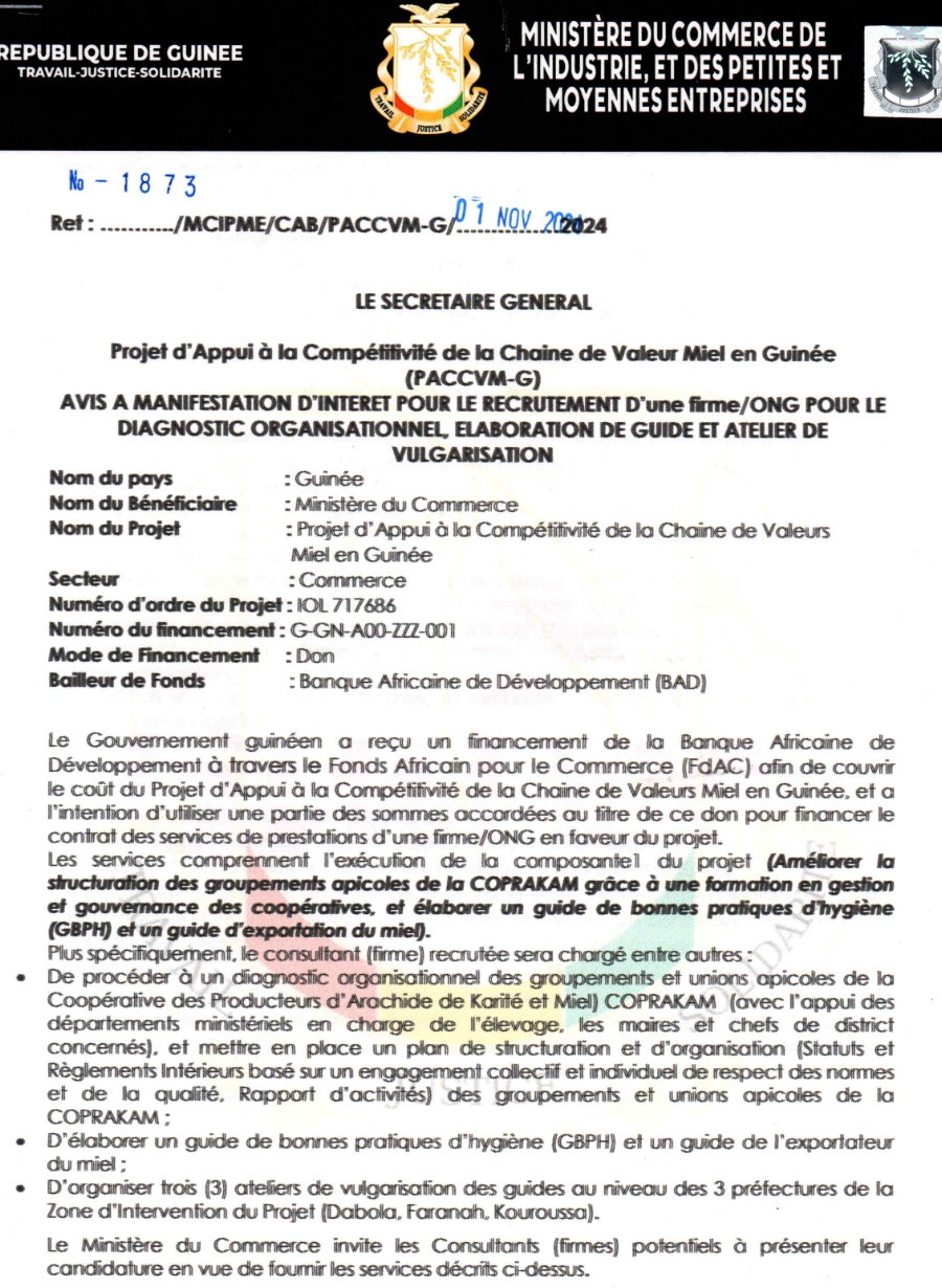 AVIS A MANIFESTATION D'INTERET POUR LE RECRUTEMENT D'une firrne/ONG POUR LE DIAGNOSTIC ORGANISATIONNEL BASORATION DE GUIDE ET ATELIER DE VULGARISATION | Page 1