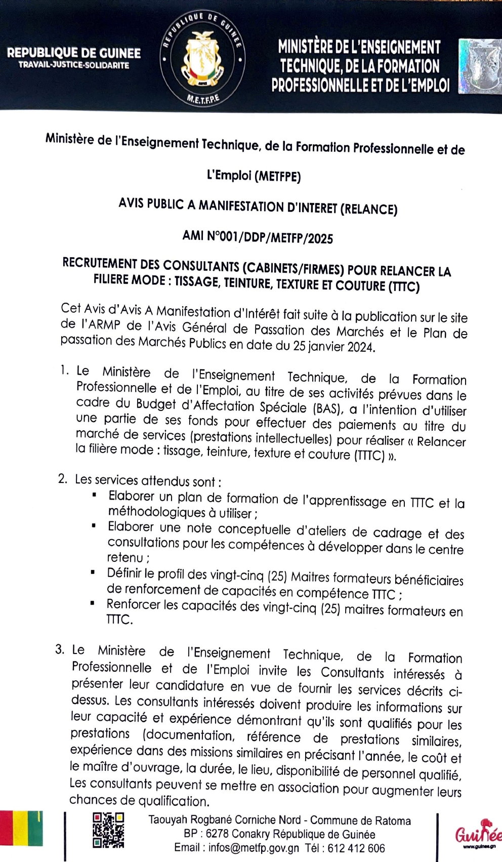 Recrutement Des Consultants (Cabinets/Firmes) Pour Relancer La Filière Mode : Tissage, Teinture, Texture Et Couture (TTTC) | Page 1