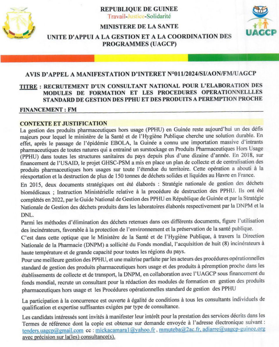 AVIS D’APPEL A MANIFESTATION D’INTERET POUR LE RECRUTEMENT D’UN CONSULTANT NATIONAL POUR L’ELABORATION DES MODULES DE FORMATION ET LES PROCEDURES OPERATIONNELLLES STANDARD DE GESTION DES PPHU ET DES PRODUITS A PEREMPTION PROCHE | Page 1