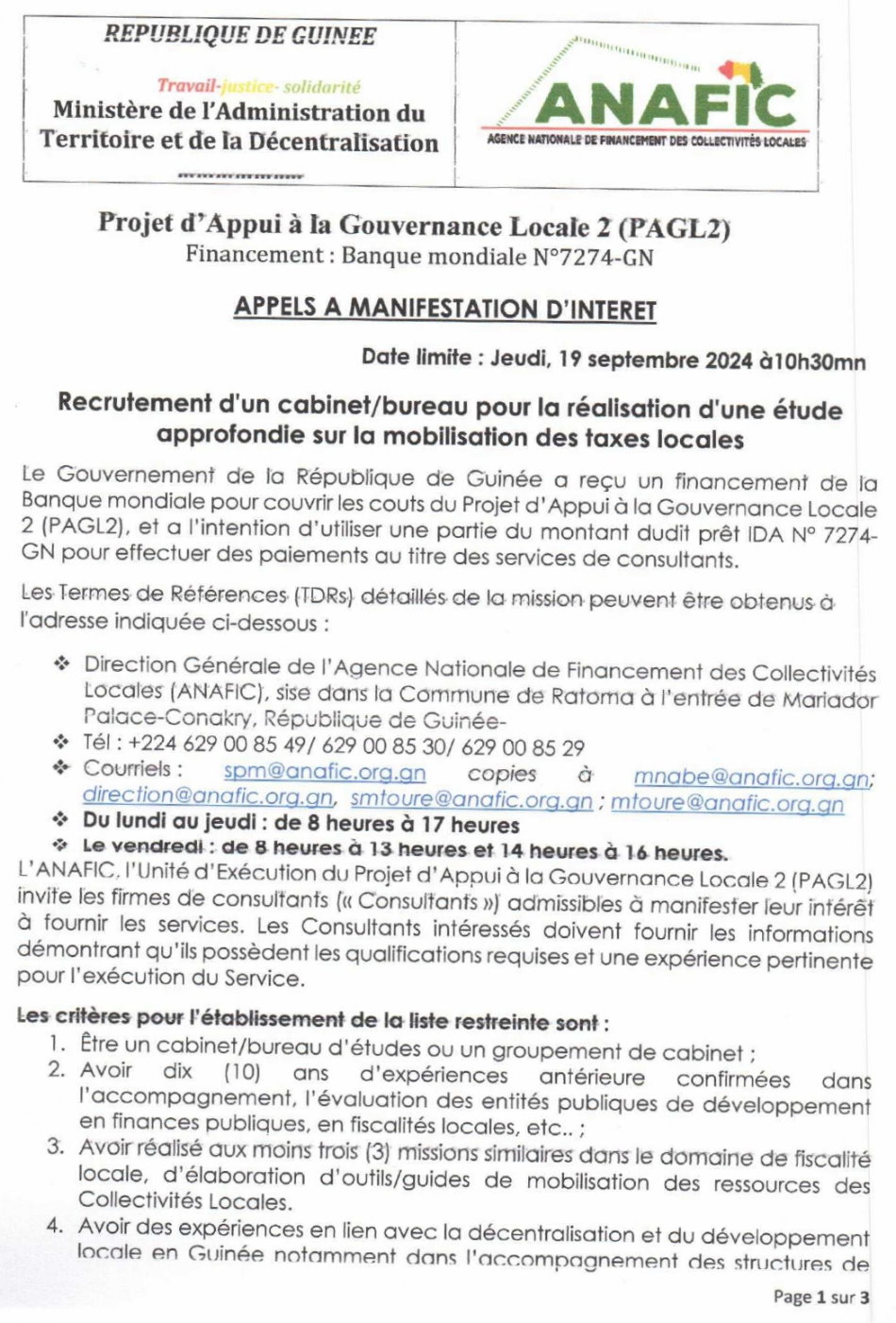 Recrutement d'un cabinet/bureau pour la réalisation d'une étude approfondie sur la mobilisation des taxes locales | Page 1