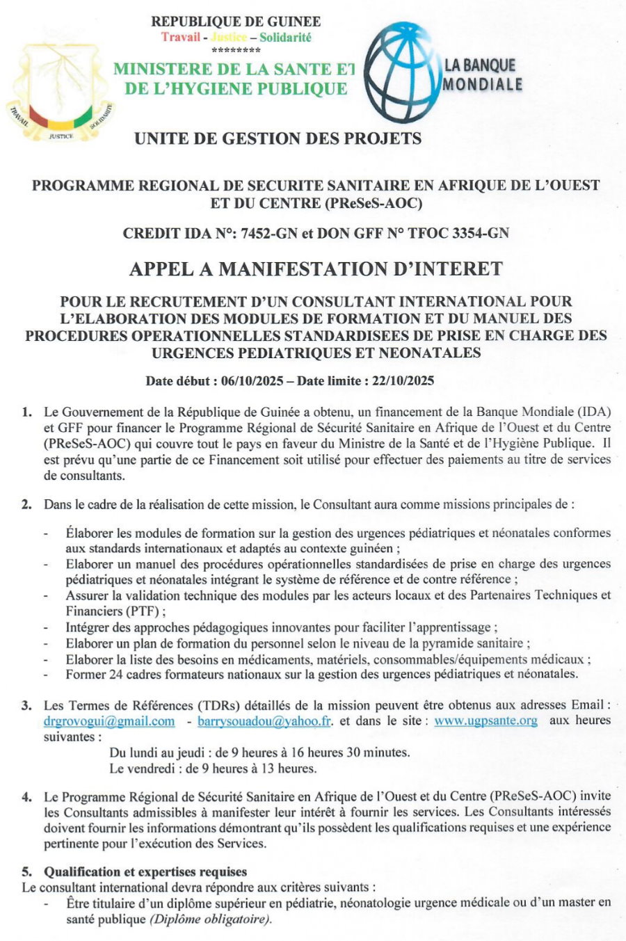 APPEL A MANIFESTATION D’INTERET POUR LE RECRUTEMENT D’UN CONSULTANT INTERNATIONAL POUR L’ELABORATION DES MODULES DE FORMATION ET DU MANUEL DES PROCEDURES OPERATIONNELLES STANDARDISEES DE PRISE EN CHARGE DES URGENCES PEDIATRIQUES ET NEONATALES | Page 1