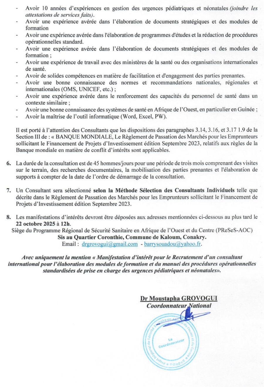 APPEL A MANIFESTATION D’INTERET POUR LE RECRUTEMENT D’UN CONSULTANT INTERNATIONAL POUR L’ELABORATION DES MODULES DE FORMATION ET DU MANUEL DES PROCEDURES OPERATIONNELLES STANDARDISEES DE PRISE EN CHARGE DES URGENCES PEDIATRIQUES ET NEONATALES | Page 2