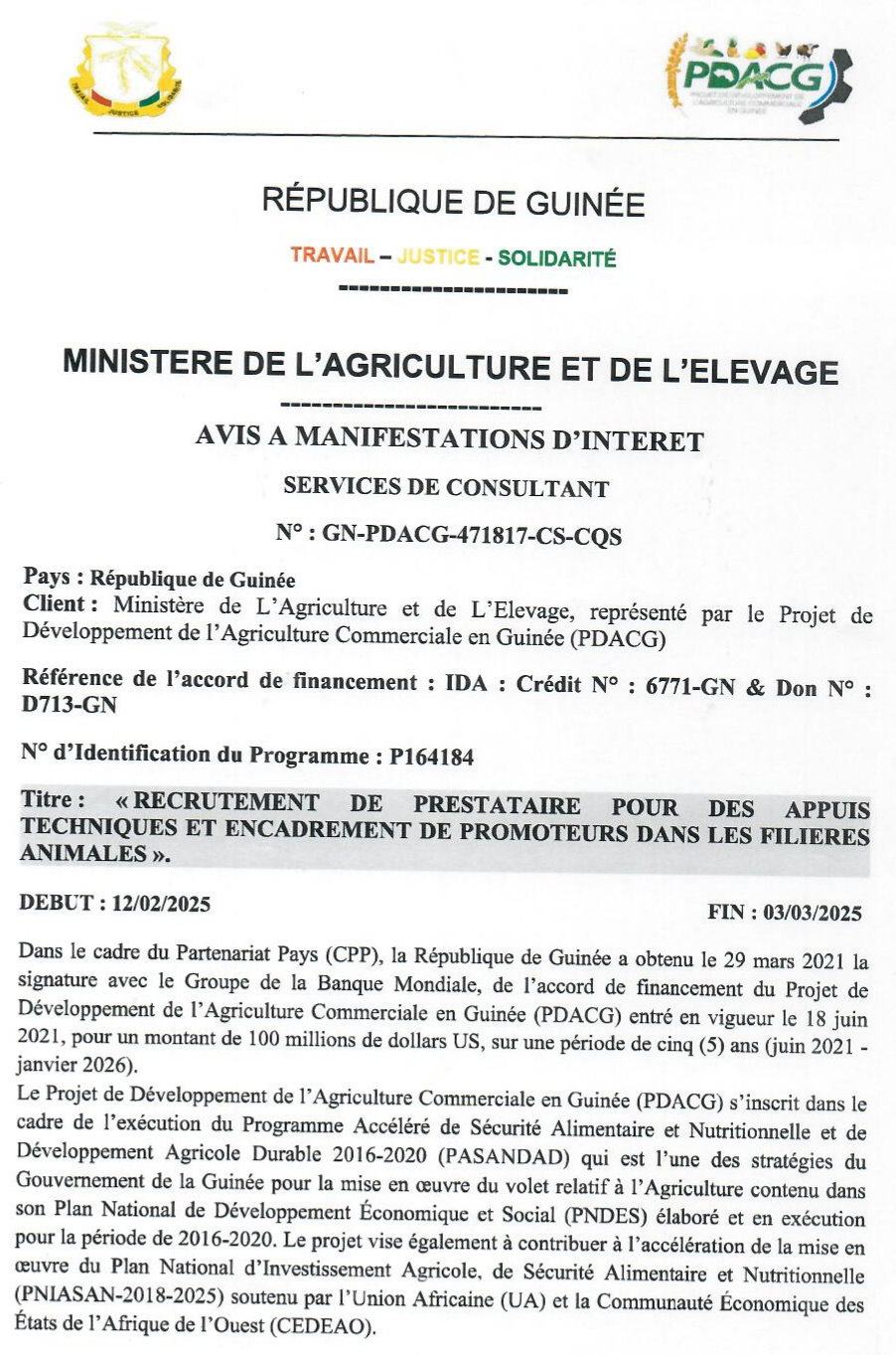 Avis De Recrutement De Prestataire Pour Des Appuis Techniques Et Encadrement De Promoteurs Dans Les Filières Animales | Page 1