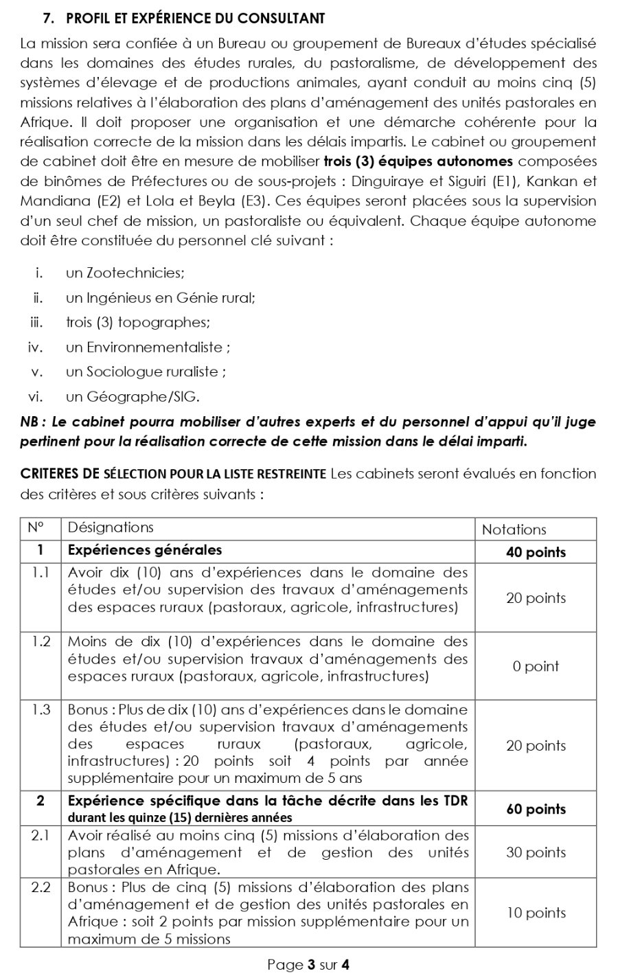 AVIS A MANIFESTATION D’INTERETS RELATIF À LA SÉLECTION D’UN CABINET POUR LA REALISATION DES ETUDES ET CONTROLE DES TRAVAUX D’AMENAGEMENTS DE 3 000 HA D'UNITES PASTORALES ET INFRASTRUCTURES CONNEXES (FORAGES, POINTS D'EAU, COULOIRS DE VACCINATION) | page 3