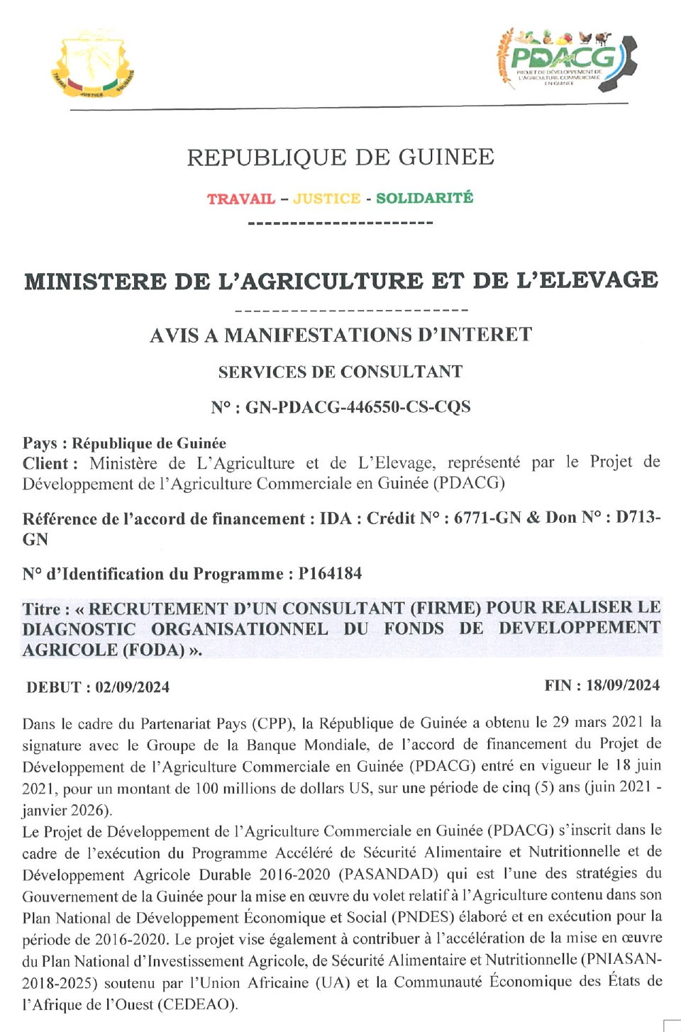 Avis De Recrutement D’un Consultant (Firme) Pour Realiser Le Diagnostic Organisationnel Du Fonds De Developpement Agricole (Foda) | Page 1