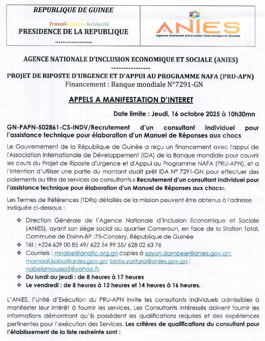 Avis à manifestation d'intérêt pour le Recrutement d’un consultant Individuel pour l’assistance technique pour élaboration d’un Manuel de Réponses aux chocs | Page 1