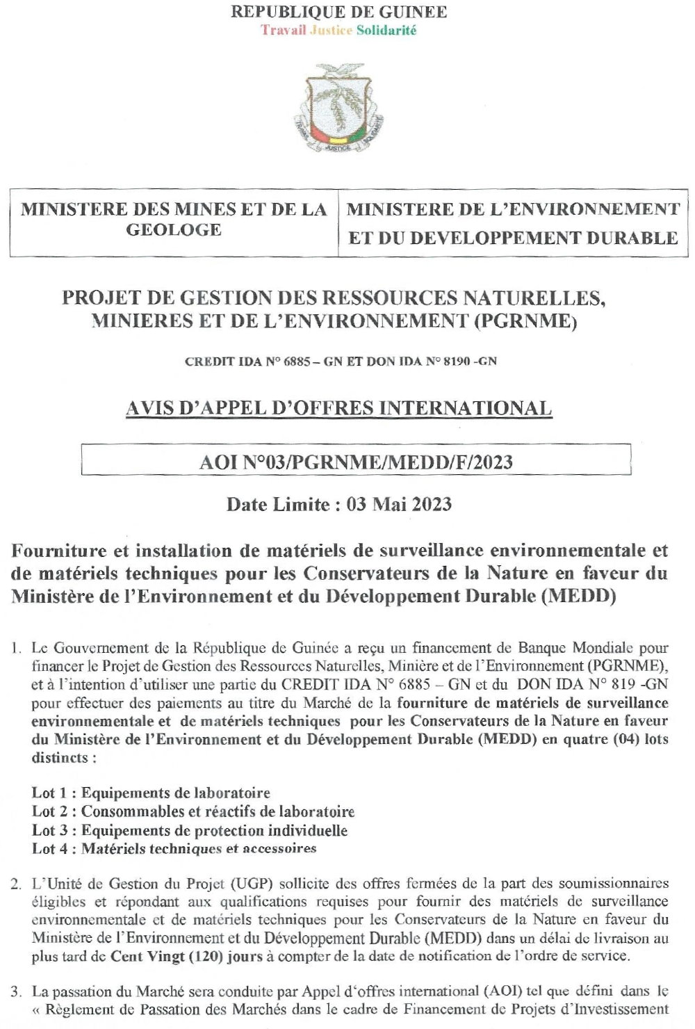 Fourniture et installation de matériels de surveillance environnementale et de matériels techniques pour les Conservateurs de la Nature en faveur du Ministère de l’Environnement et du Développement Durable (MEDD) | page 1