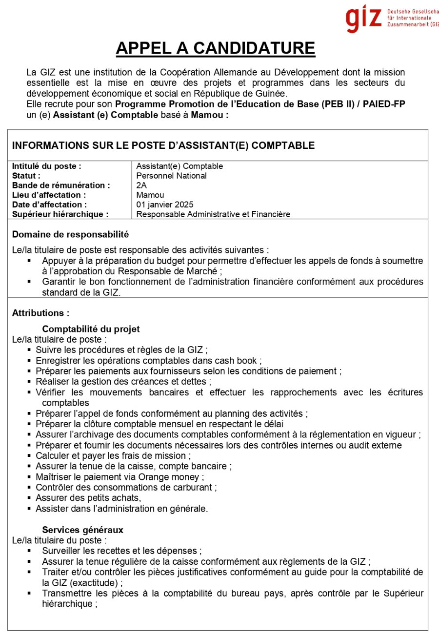 Avis de recrutement d'un(e) assistant(e) comptable | page 1