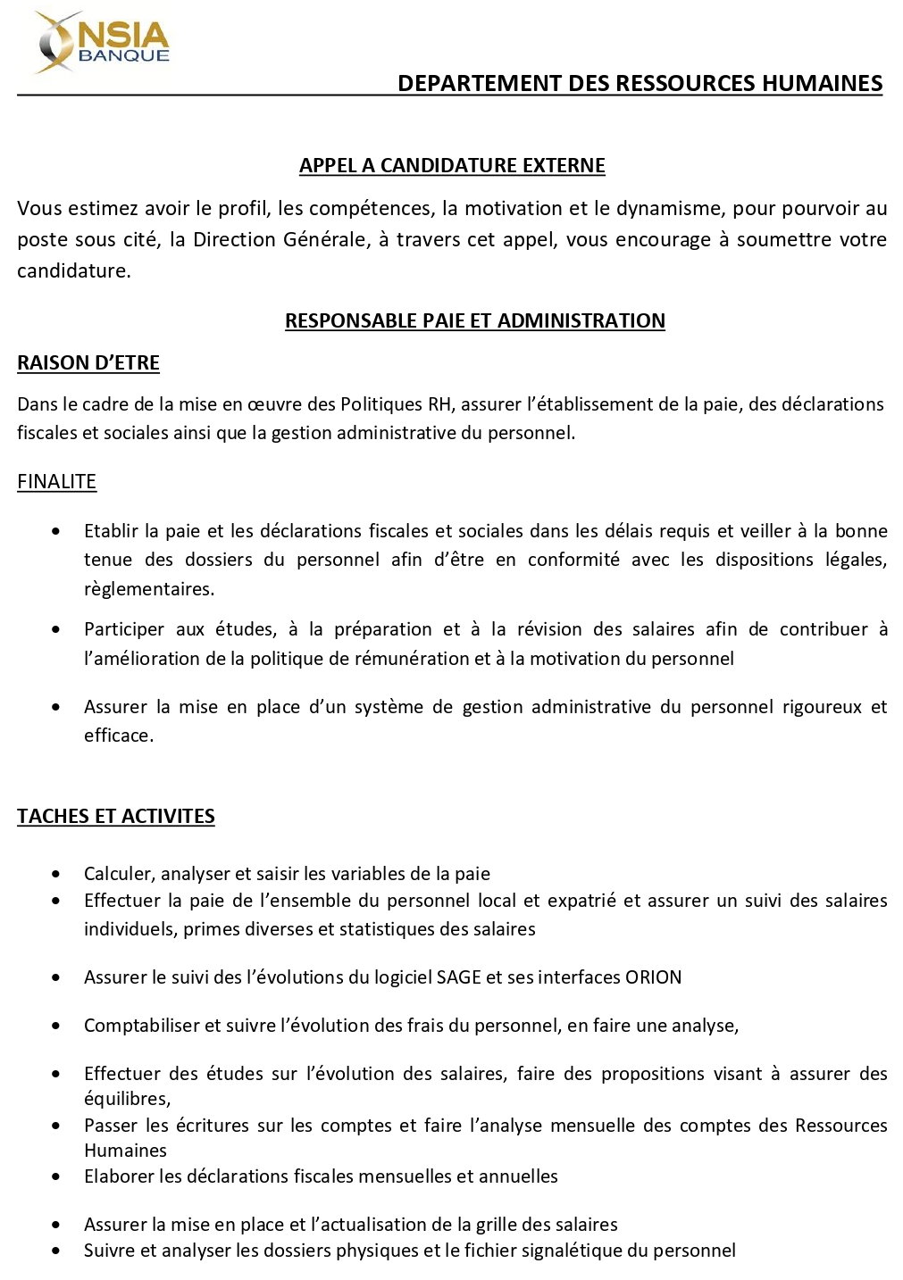 AVIS DE RECRUTEMENT D'UN RESPONSABLE PAIE ET ADMINISTRATION | Page 1
