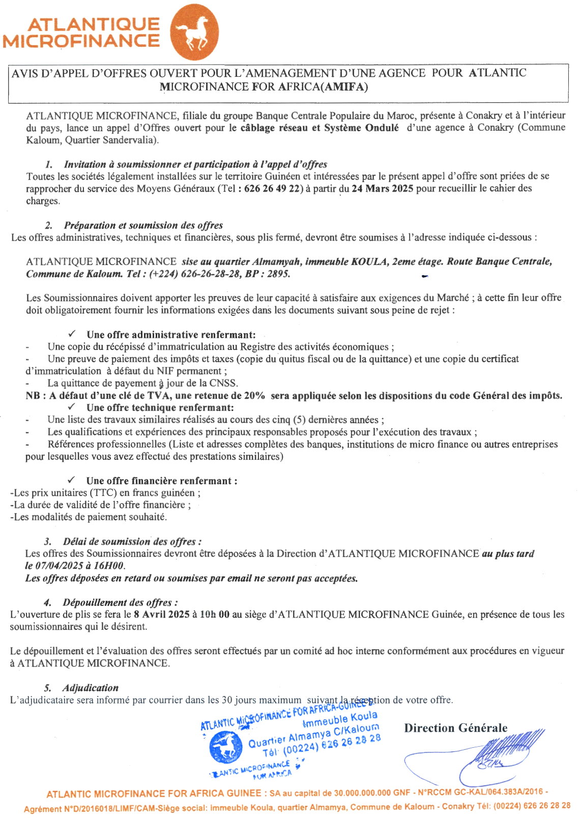 appel d'Offres ouvert pour le câblage réseau et Système Ondulé d'une agence à Conakry (Commune Kaloum, Quartier Sandervalia) | Page 1