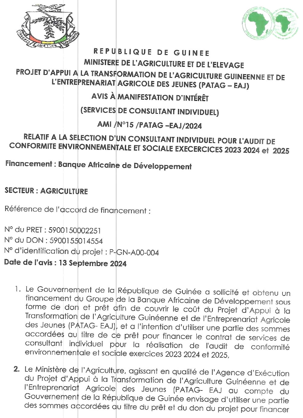 Sélection D’un Consultant Individuel Pour L'audit De Conformité Environnementale Et Sociale Exercices 2023 2024 Et 2025 | Page 1